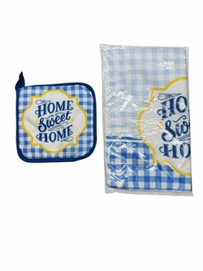 10/25🦋 NIP Boutique White/Blue/Yellow HOME SWEET HOME Potholder & Dish Towel Set